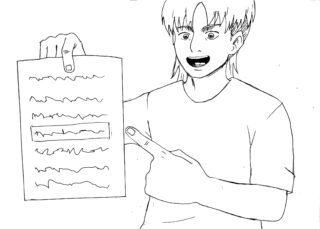 Kuvituskuva tekoälyohjeisiin. Piirroskuvassa hahmo näyttää sormellaan kohtaa asiakirjasta, jossa viitataan lähdemateriaaliin.