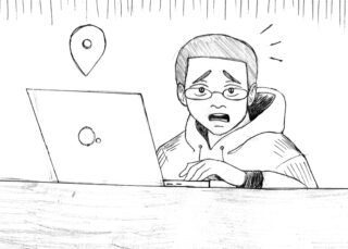 Kuvituskuva tekoälyohjeisiin. Piirroksessa henkilö työskentelee tietokoneella ja katsoo hämmentyneen oloisena ympärilleen.